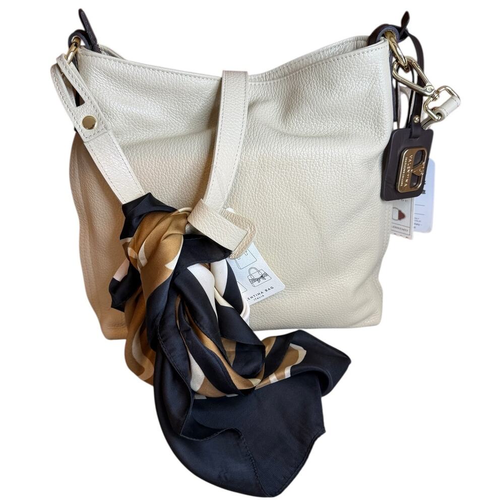 Valentina Italian Pebbled Leather Crossbody Bag Cream with Scarf